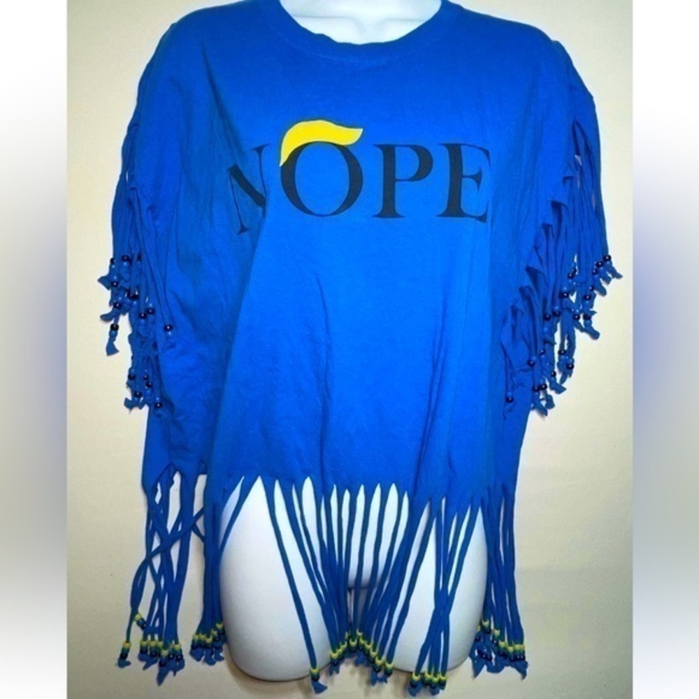 NOPE Donald Trump Political Upcycled Secondhand Hand Cut Beaded Fringe Tee Shirt